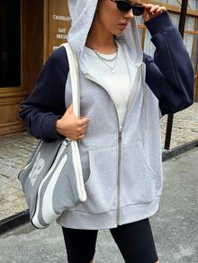 Women's Casual Raglan Sleeve Hooded Drawstring Zip-Up Sweatshirt Fall Cloth For Women - Grey - View 2