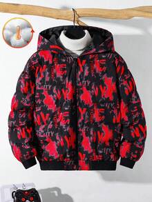 SHEIN Tween Boys' Black Winter Casual School Back-To-School Loose Fit Thick Padded Jacket,Letter Patch Hooded Versatile Coat For Commuting,Sports & Vacation - White - View 4