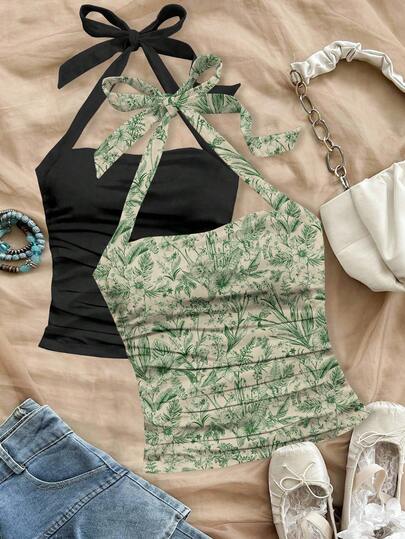 Soleia 2 件套女士领结露背花卉褶皱吊带上衣，度假装