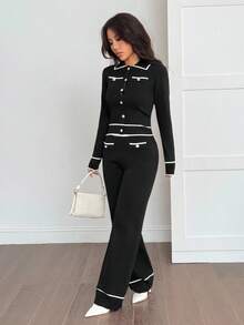 SHEIN PETITE 2 Stücke Damen Kontrast-Farbblock Knopfleiste Taschen Langarm Oberteil und Hose Set 2-teiliges Set für Herbst/Winter