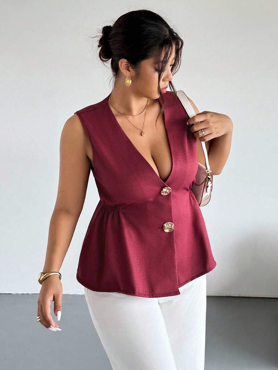 Firerie Chaqueta sin mangas con cuello en V profundo estilo francés retro de primavera y otoño, con 2 botones metálicos asimétricos, diseño de cintura plisada, bolsillos, tela de textura de bambú morado, adecuada para el Día de San Valentín, conciertos, actuaciones, citas, cenas formales, galas, bodas, sexy, elegante, viajes al trabajo, vuelta al colegio, vacaciones, playa, oficina, estilo sirena, fiesta de cumpleaños