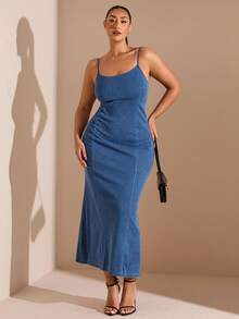 SHEIN BAE Plus Size Sexy Bodycon Denim Slip Dress, Blue - Blue - View 3