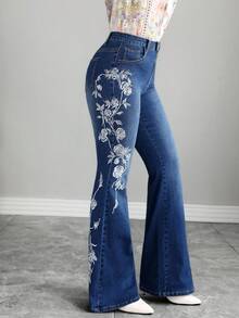 Elenzga Jeans évasés avec broderie florale - Bleu azur - Voir 4