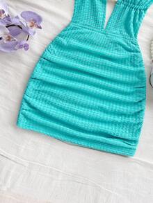 Soleia 女式纯色细肩带深V领褶饰性感迷你连衣裙 - 水鴨藍 - 查看 3