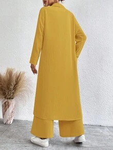 SHEIN LUNE 女士纯色长袖单排扣长衬衫和裤子休闲宽松两件套 - 黃色 - 查看 2