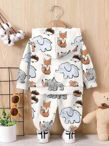 SHEIN 2 件男婴动物印花连帽衫和运动裤套装 - 柔软舒适的秋冬休闲家居服，配套运动服 - 彩色 - 查看 3