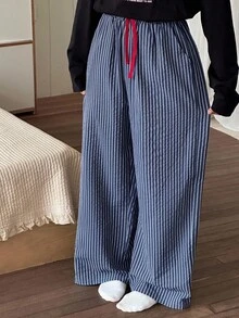 DAZY 青少年（女孩）宽松舒适条纹直筒裤，休闲家居服，秋季 - 藏蓝色 - 查看 4