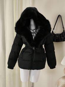 SHEIN ICON 女式纯色人造毛皮连帽长袖休闲束腰冬季夹克 - 黑色 - 查看 1