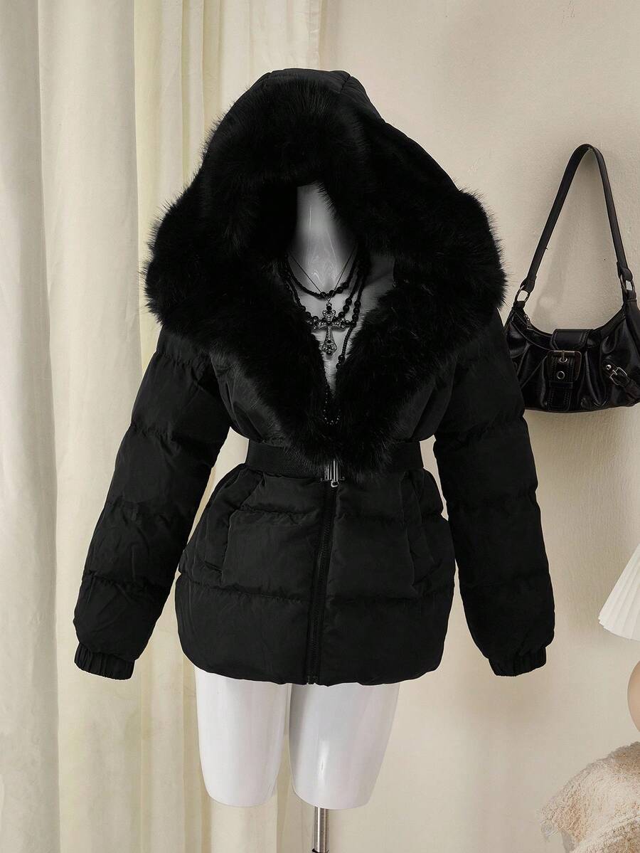 SHEIN ICON 女式纯色人造毛皮连帽长袖休闲束腰冬季夹克 - 黑色 - 查看 1