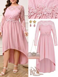 Ellevyn Blush Pink,Autumn,Elegant,Formal,Wedding Ninang Plus Size Lace-Trimmed A-Line Dress,High Low Hem Retro Party Gown For Women's Clothing - Pink - View 1
