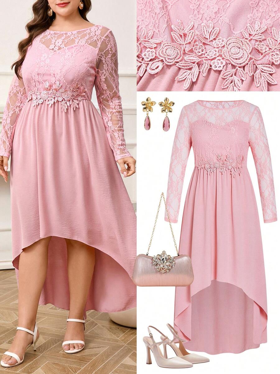 Ellevyn Blush Pink,Autumn,Elegant,Formal,Wedding Ninang Plus Size Lace-Trimmed A-Line Dress,High Low Hem Retro Party Gown For Women's Clothing - Pink - View 1