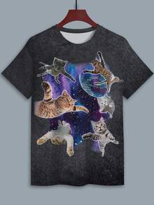 Manfinity Dauomo 男士休闲猫咪印花圆领短袖 T 恤 - 灰色 - 查看 3