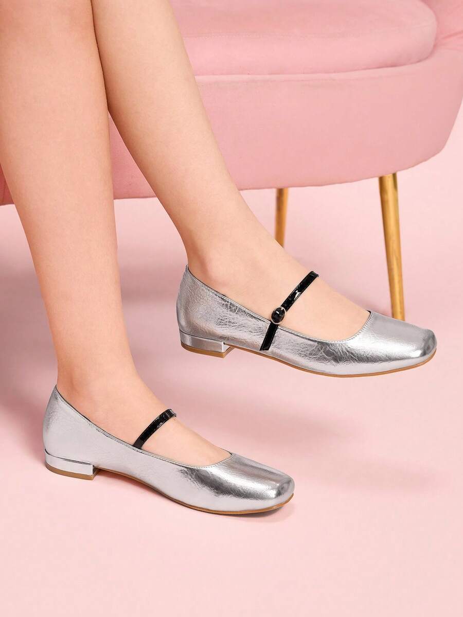 CUCCOO DOLLMOD Giày Mary Jane đế bằng màu đỏ, mũi vuông, họa tiết kẻ caro, phong cách sinh viên, gót thấp dễ thương kiểu Nhật Bản - Bạc - Xem 1