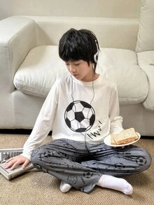 SHEIN 2pcs/Set Kids/Tween Boys Casual Soccer Graphic Round Neck Long Sleeve Top And Pants Loungewear Pajama Set Fall Winter - Grey - View 7