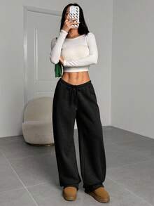SHEIN EZwear Plus Size Women's Solid Color Drawstring Waist Wide Leg Loose Casual Sweatpants Wide Leg Sweatpants Knit Pants/Winter