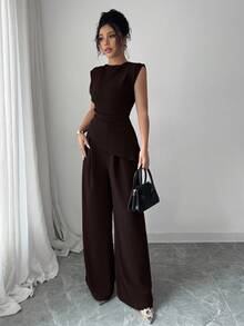 Rafferiza 2件套女士纯色纹理褶皱圆领无袖上衣 - 棕色 - 查看 6