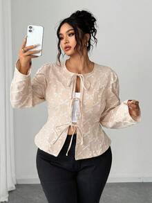 Elenzga Chaqueta versátil de cuello redondo con diseño de lazo texturizado, manga larga, cintura con lazo y pliegues delanteros, ideal para el otoño temprano, talla grande