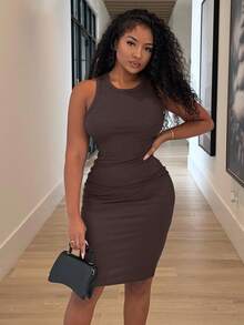 Alexandranx Solid Rib-Knit Bodycon Dress - Coffee Brown - View 6