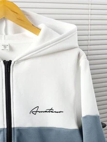 SHEIN Chaqueta de sudadera informal, suelta y cómoda con bloques de color y parches, adecuada para salidas en otoño/invierno, para adolescentes varones - Neblina azul - Ver 6