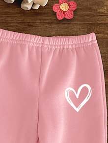 女婴可爱简约手绘心形图案米色针织柔软连帽宽松长袖卫衣和裤子套装，适合秋冬季 - 彩色 - 查看 5