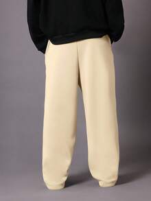 SUMWON Celana Jogger Kaki Lebar dengan Desain Aplikasi Gothic, Celana Kasual Longgar Bahan Fleece untuk Musim Dingin dan Gugur, Pinggang Bertali, Polos - Krem - View 5