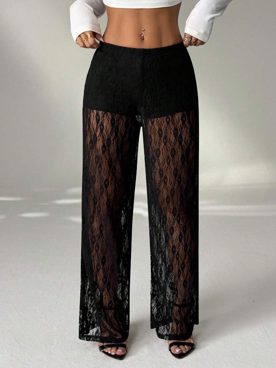 SHEIN PETITE Women's Elastic Waist Floral Lace Straight Loose Fashion Pants - Black - View 1