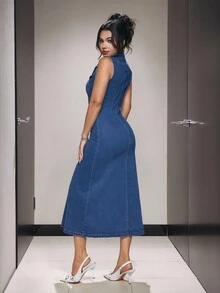 SHEIN PETITE Women's Casual Sleeveless Denim Dress With Lapel And Single-Breasted - Dark Wash - View 2