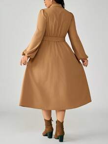 EMERY ROSE Plus Size Women Elegant Midi Dress With Cinched Waist, Bowknot, Bubble Sleeve, A-Line Skirt, Suitable For Date And Daily Wear Fall Cloth For Women, Country - Khaki - View 2