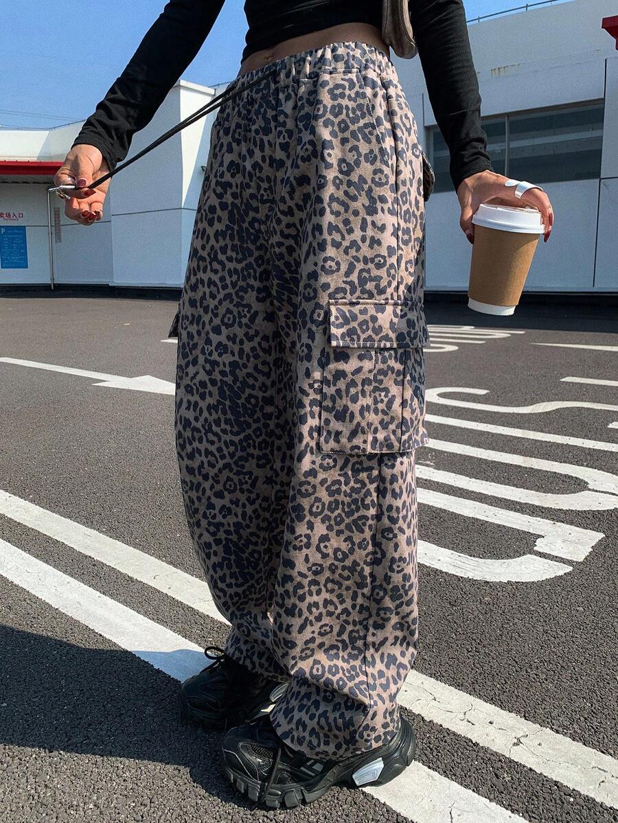 DAZY Women's Leopard Print Elastic Waist Drawstring Casual Loose Cargo Pants - Brown - View 1