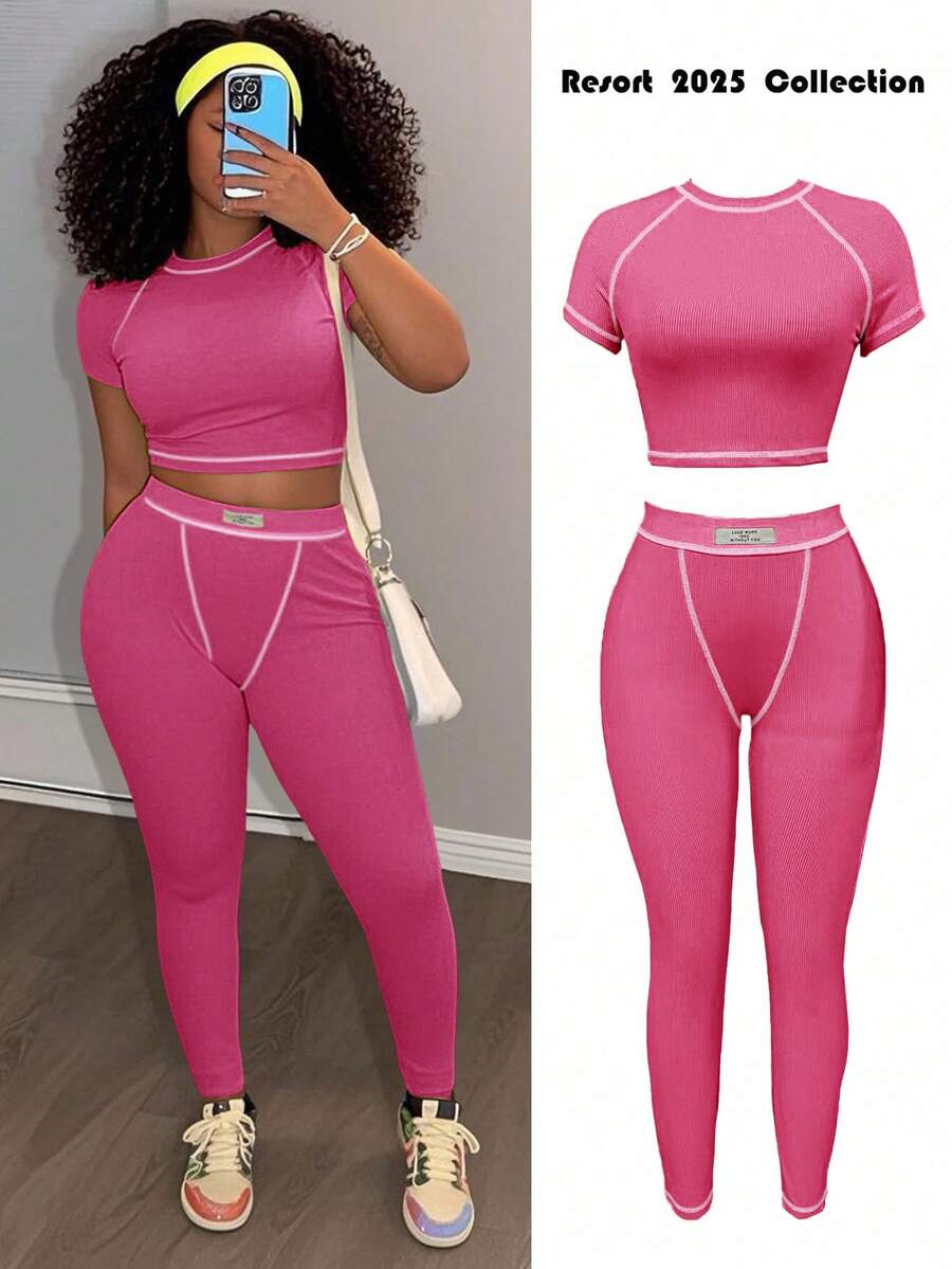 Slaydiva 2025 春夏新款休闲街头百搭运动基础修身绿色圆领短袖短款T恤和撞色腰裤女两件套，适合音乐节、复活节、西部游牧风格、乡村风格、婚礼嘉宾、日常旅行、毕业季、派对聚会、俱乐部、运动健身、瑜伽 - B - 玫紅色 - 查看 1