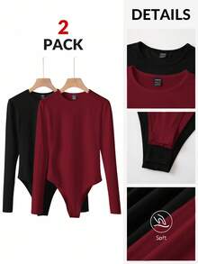 SHEIN BASICS 2pcs/Set Casual Solid Color Knit Crew Neck Long Sleeve Bodysuit For Women Summer Outfit For Women - Black - View 8