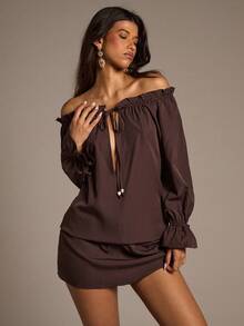 Aloruh Women's Off Shoulder Mini Dress With Puff Sleeves, Ruffle Hem, Bow & Beaded Decor, Bohemian Style Halloween Costumes Goth Dress Halloween Fall Winter Clothes For Women Fall Women Clothes Halloween Clothes Fall Clothes Halloween Clothes For Women Fall Outfits For Women Christmas Party - Brown - View 6