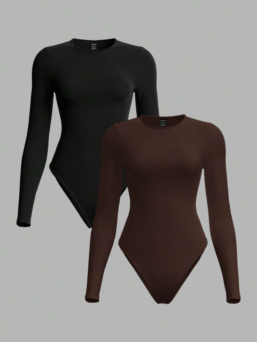 SHEIN BASICS 2件組/套 女款休閒素色針織圓領長袖連身衣 夏季女裝穿搭 - 棕色 - 查看 1