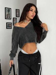 Coolane 女士秋冬演唱会狂欢节夜店文艺复兴博览会俱乐部街头服饰长袖 T 恤 - 灰色 - 查看 6