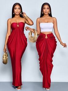Zolique Women's Fashion Commuting Daily Metal Decorated Gathered Ruched Tube Bodycon Maxi Dress - Burgundy - View 6