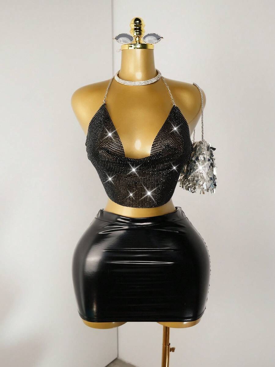 Mistrie 女士时尚细肩带链条性感露背优雅风格吊带背心上衣 - 黑色 - 查看 1