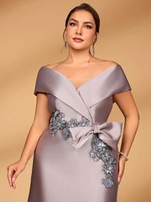 Serin 加大码优雅奢华露肩连衣裙，亮片贴花，蝴蝶结装饰，鱼尾下摆，适合晚会、约会、度假、音乐节、婚礼、新娘、新娘母亲