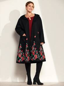 Momelise 大码女式休闲连帽印花口袋长袖大衣