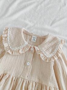 SHEIN Vintaside Kids 2 件套女婴休闲学院风翻领长袖上衣和裤子套装，适合春秋季日常穿着 - 杏色 - 查看 5