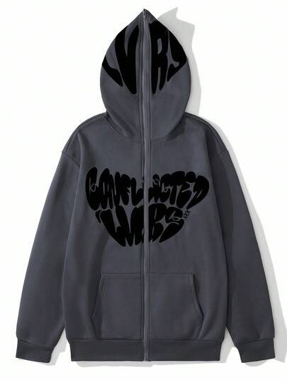 Manfinity EZcore Sudadera con capucha de ajuste holgado para hombres con gráfico de letras de otoño con forro térmico