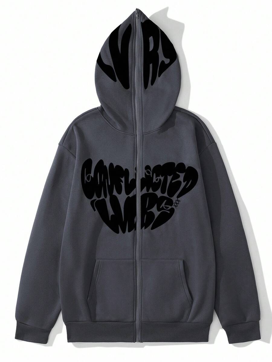 Manfinity Hypemode 男士宽松秋季字母印花连帽卫衣，带保暖内衬，男士街头风拉链连帽衫，长袖上衣 - 灰色 - 查看 1