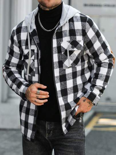 Manfinity CasualCool Chaqueta con capucha con bolsillo utilitario, cremallera frontal y cordón ajustable, de manga larga y estampado a cuadros para hombre, para otoño