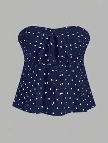 Sweetra 大码复古浪漫波尔卡圆点蝴蝶结抹胸上衣 - 藍色 - 查看 1