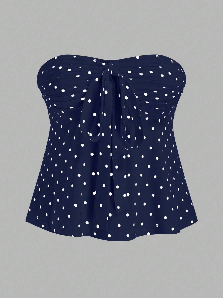 Sweetra 大码复古浪漫波尔卡圆点蝴蝶结抹胸上衣 - 藍色 - 查看 1