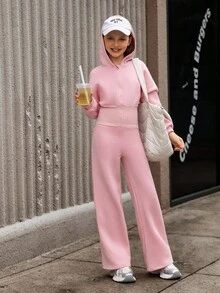Hanevo Tween Girl Hooded Zip-Up Sweatshirt And High Waisted Thermal Lined Pants Jumpsuit - Pink - View 5