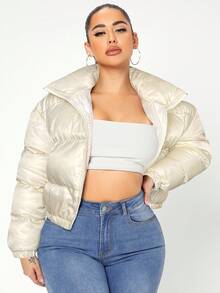 SHEIN SXY 性感拉链漏斗领冬季外套 - 米色 - 查看 3