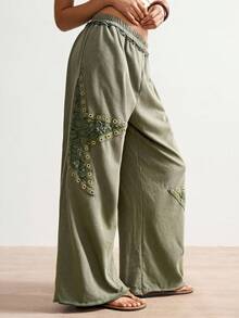 Bohemela Casual Solid Color Knit Loose Wide-Leg Women Pants Wide Leg Pants Loose Pants Lace Up Pants Boho Pants Eyelet Pants - Army Green - View 2