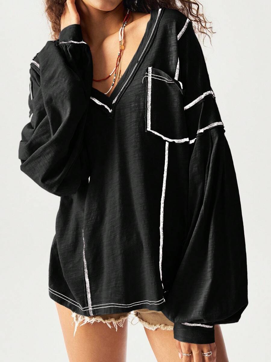 Bohemela 大码豹纹V领休闲长袖T恤