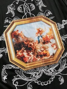 ROMWE MEN Street Life Camiseta Masculina de Manga Curta com Estampa Gráfica Religiosa de Estilo de Rua, Estilo Anos 2000 - Preto - Visão 3
