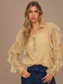 Enchnt 女式纯色荷叶边纽扣半襟长袖时尚衬衫 - 卡其色 - 查看 1